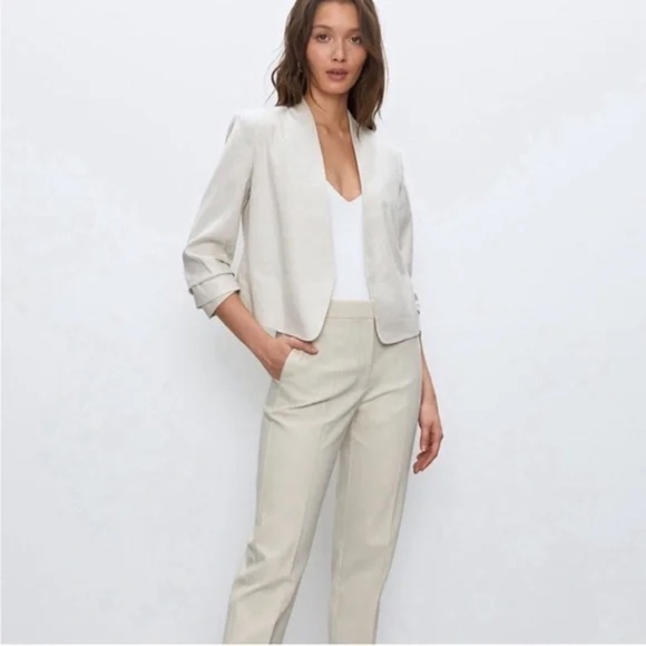 Aritzia Babaton Power Waist Open-Front Linen Cropped Blazer Jacket Beige - Sz 2 - Picture 1 of 15